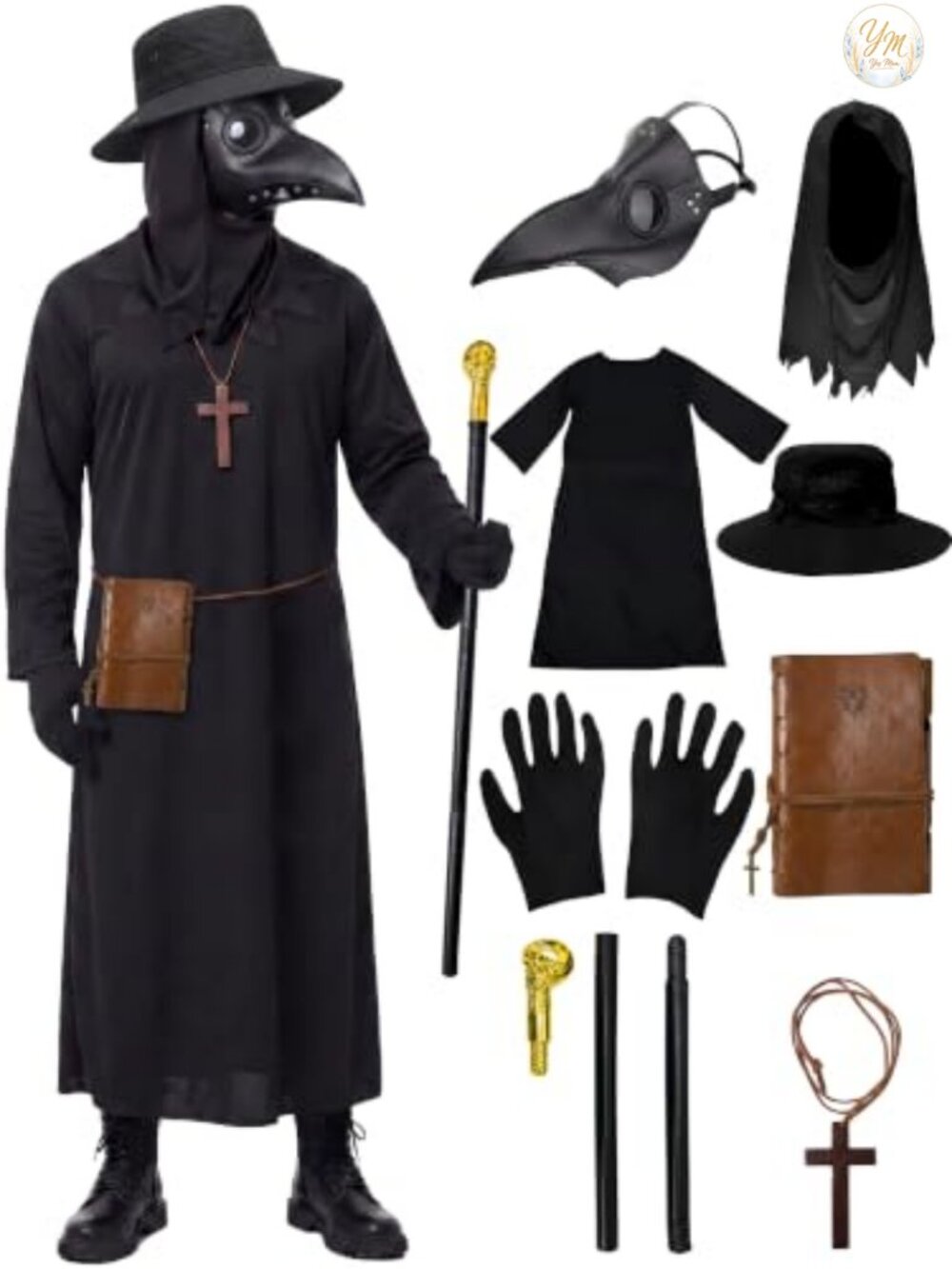 8-Piece Plague Doctor Costume Set PU Leather Mask Robe Hat Cane Cosplay